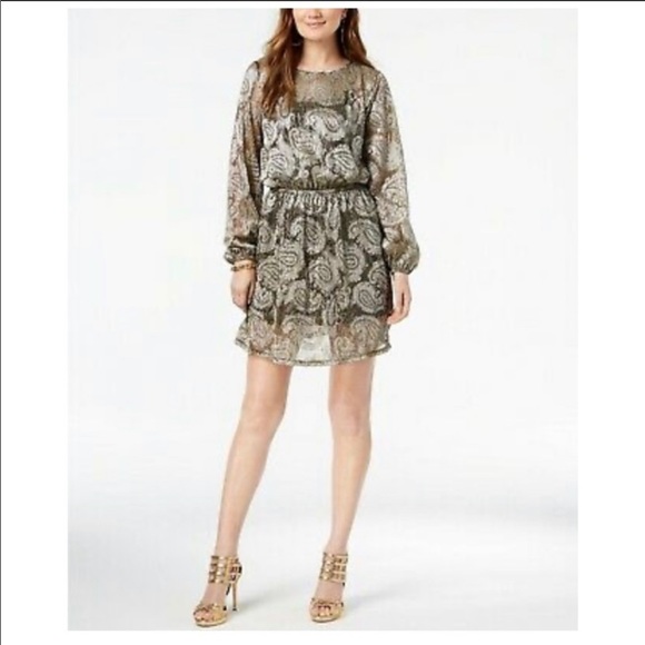 MICHAEL Michael Kors Gold Black Foil Paisley Long Sleeve Overlay Midi Dress - Picture 8 of 11